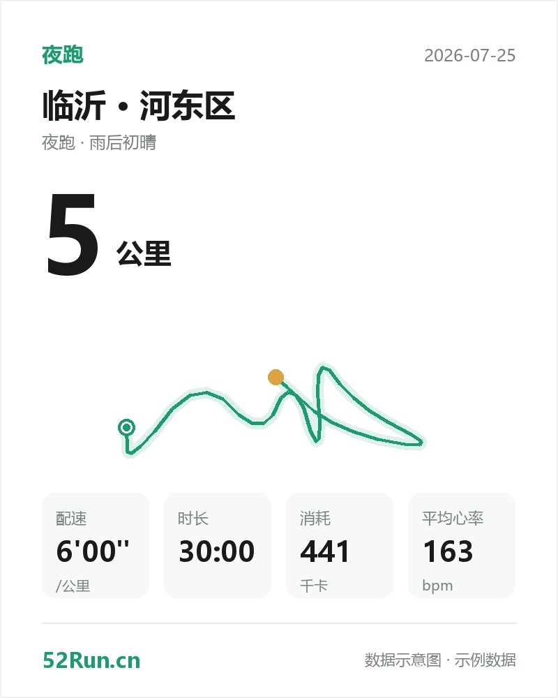 临沂·河东区 夜跑数据卡：距离 5 公里、配速 6'00"/公里、时长 30:00、消耗 441千卡、平均心率 163bpm（示例数据）